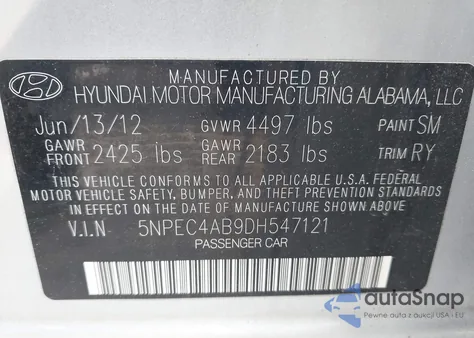 2013 Hyundai Sonata Limited 2.0T from USA, damaged, VIN 5NPEC4AB9DH547121